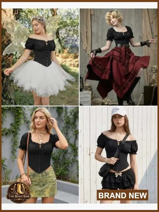 Corset Top Renaissance Blouse Off Shoulder Lace Square Neck Summer - Picture 5 of 7